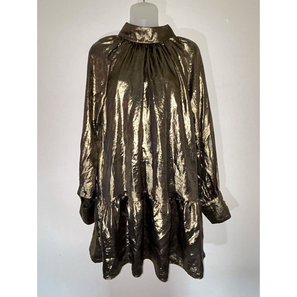Happy X Nature Gold Lamé High Mock Neck Long Sleeve Flared Pleated Dress XS